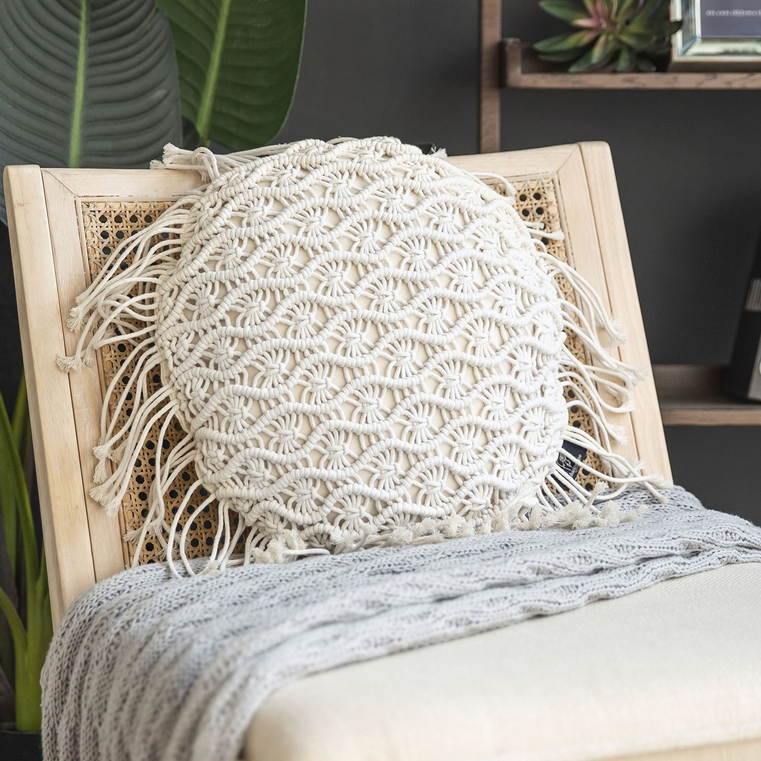 Phantoscope 100% Cotton Handmade Crochet Woven Boho with Tassels Series Decorative Throw Pillow, 16" x 16" Round, Off White, 1 Pack