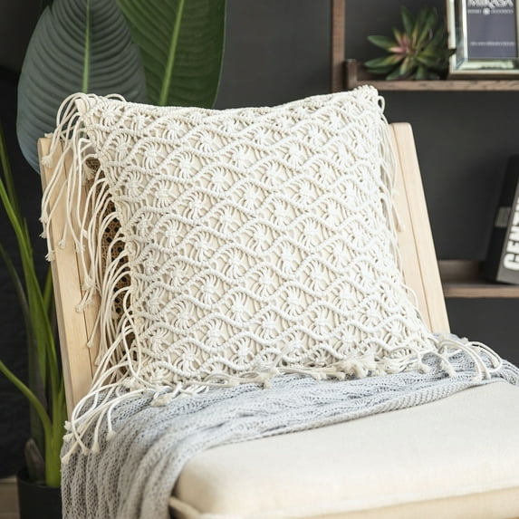 Phantoscope 100% Cotton Handmade Crochet Woven Boho with Tassels Series Decorative Throw Pillow, 18" x 18" Square, Off White, 1 Pack