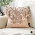 thumbnail image 1 of Phantoscope 100% Cotton Handmade Crochet Woven Boho with Tassels Series Half Covered Throw Pillow, 18" x 18", Pink, 1 Pack, 1 of 7