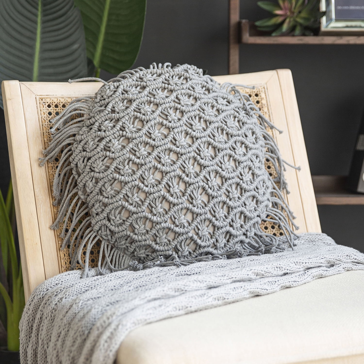 Phantoscope 100% Cotton Handmade Crochet Woven Boho with Tassels Series Half Covered Throw Pillow, 18" x 18", White, 1 Pack