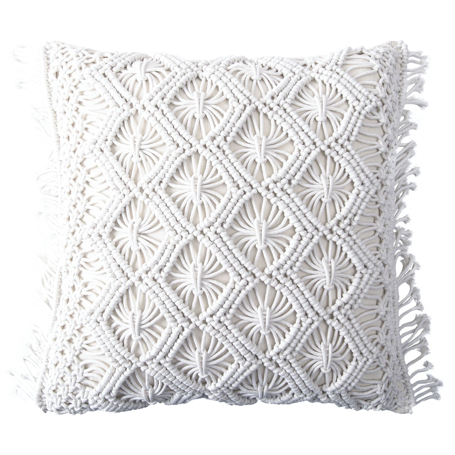 Phantoscope 100% Cotton Handmade Crochet Woven Checked Throw Pillow, 18 x 18 in Square Cushion with Tassels, Boho Style, Pure White, 1 Pack