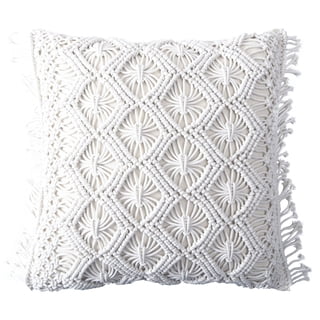 Phantoscope 100% Cotton Handmade Crochet Woven Checked Throw Pillow, 18 x 18 in Square Cushion with Tassels, Boho Style, Pure White, 1 Pack