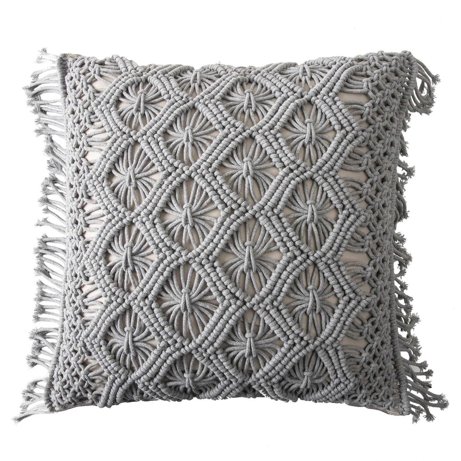 Phantoscope 100% Cotton Handmade Crochet Woven Checked Throw Pillows, 18 x 18 in Square Cushions with Tassels, Boho Style, Light Gray, 2 Pack
