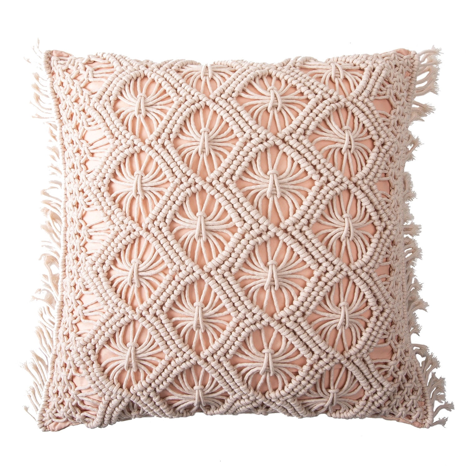 Phantoscope 100% Cotton Handmade Crochet Woven Checked Throw Pillows, 18 x 18 in Square Cushions with Tassels, Boho Style, Light Pink, 2 Pack
