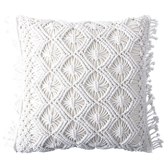 Phantoscope 100% Cotton Handmade Crochet Woven Checked Throw Pillows, 18 x 18 in Square Cushions with Tassels, Boho Style, Pure White, 2 Pack