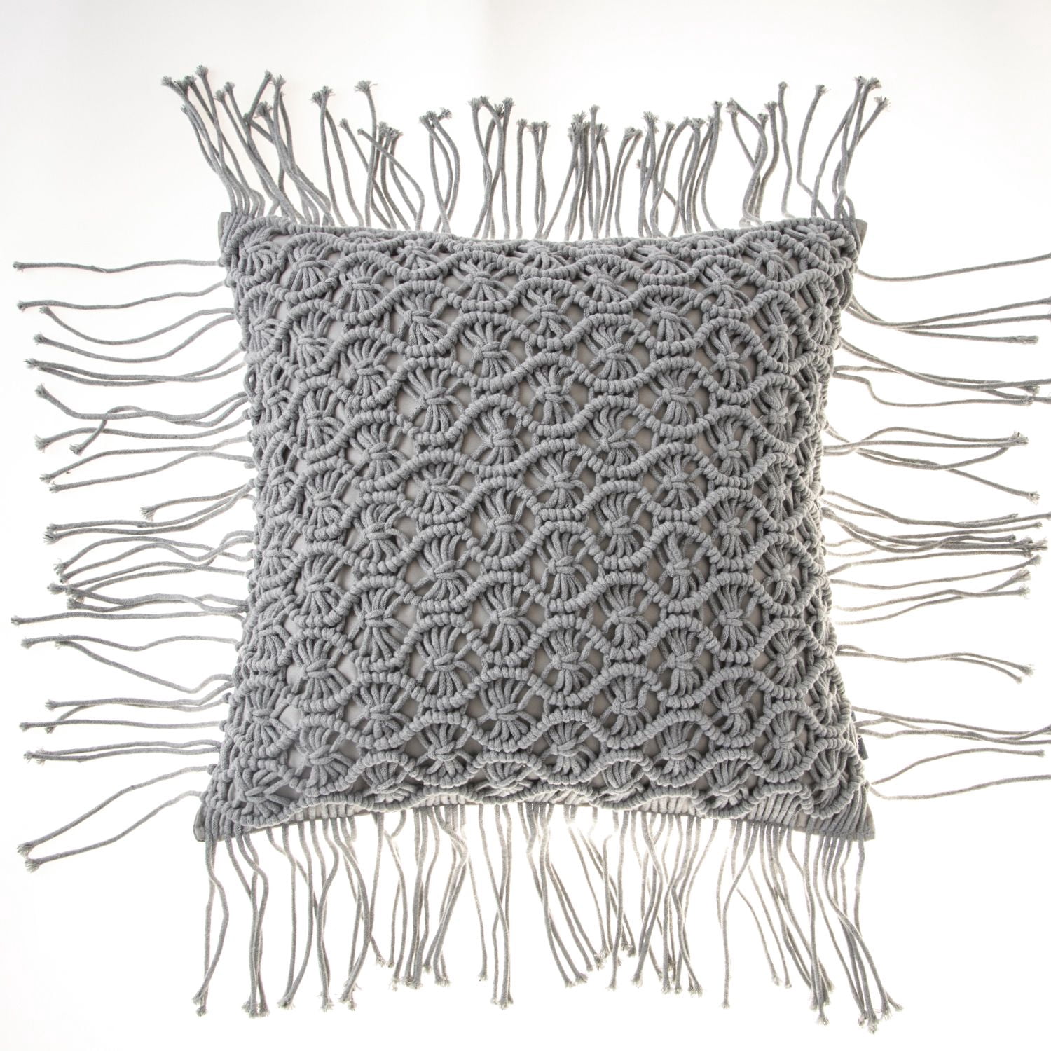 Phantoscope 100% Cotton Handmade Crochet Woven Decorative Throw Pillow, 18 x 18 in Square Cushion with Tassels, Boho Style, Light Gray, 1 Pack