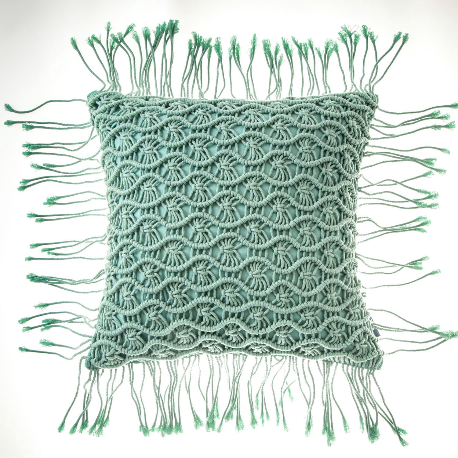Phantoscope 100% Cotton Handmade Crochet Woven Decorative Throw Pillow, 18 x 18 in Square Cushion with Tassels, Boho Style, Turquoise, 1 Pack