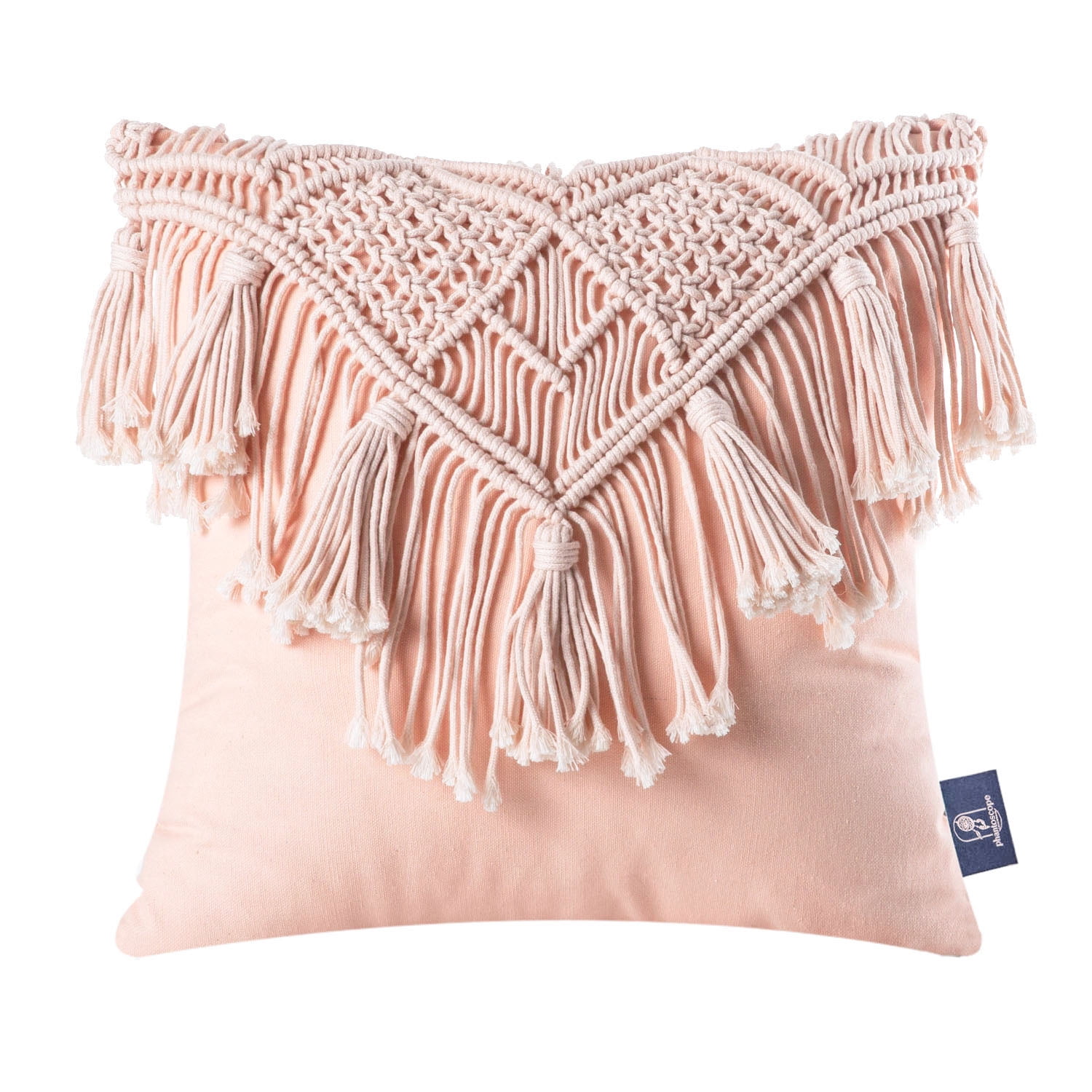 Phantoscope 100% Cotton Handmade Crochet Woven Half Covered Throw Pillow, 18 x 18 in Square Cushion with Tassels, Boho Style, Light Pink, 1 Pack