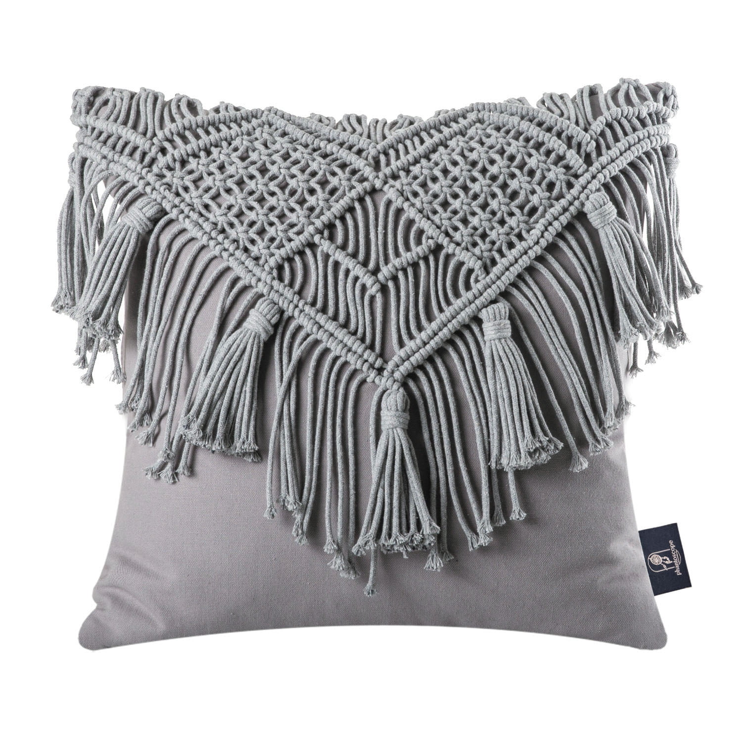 Phantoscope 100% Cotton Handmade Crochet Woven Half Covered Throw Pillows, 18 x 18 in Square Cushions with Tassels, Boho Style, Light Gray, 2 Pack