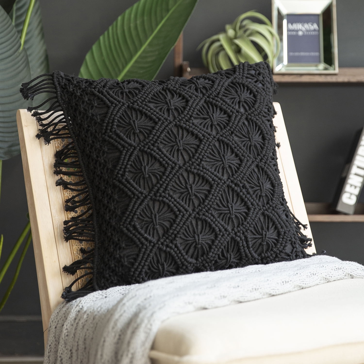 Black Cotton Handmade Crochet Square Throw Pillow with Tassels, 18" x 18"