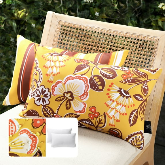 Phantoscope 12 x 20 inch Outdoor Floral Printed Decorative Throw Pillow Yellow Pack of 2