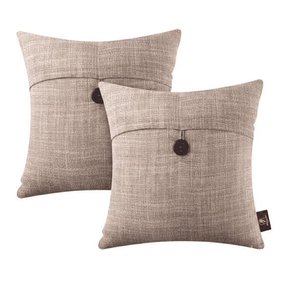 Phantoscope 18" x 18" 2-Pack Single Button Linen Farmhouse Decorative Throw Pillows, Beige