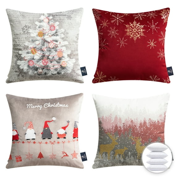 Phantoscope 18” x 18” Christmas Red Velvet Polyester Decorative Pillows, Soft Touch (4 Count)