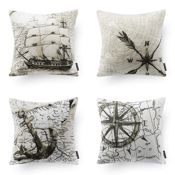 Phantoscope 18" x 18" Coastal, Modern, Contemporary, Transitional Beige Navigation Polyester Throw Pillow , ( 4 Count)