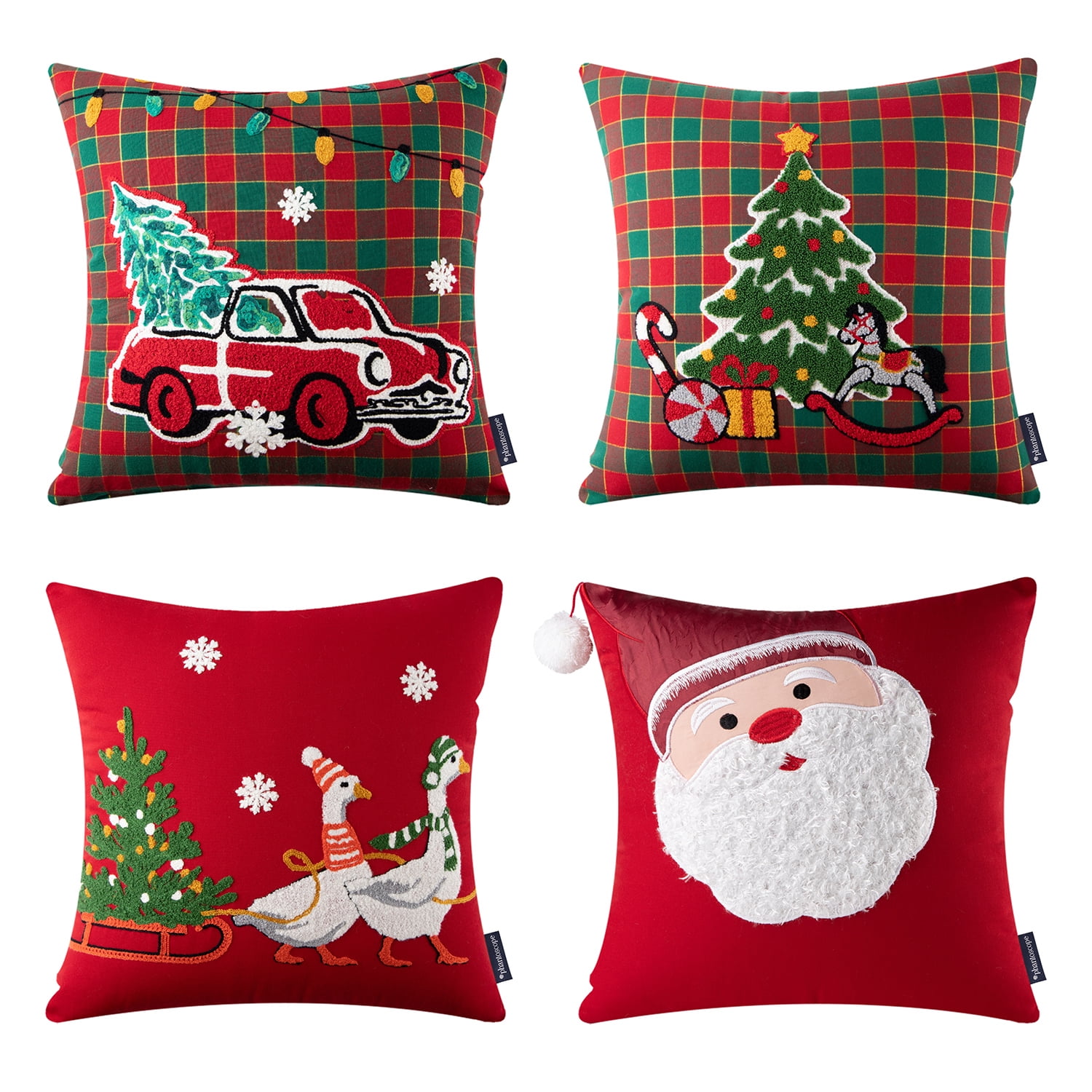 Phantoscope Christmas Holiday Series Cotton Embroidered Santa Tree and Red Car Decorative Throw Pillow Cover,Santa Claus and Goose,18" x 18", Set of 4