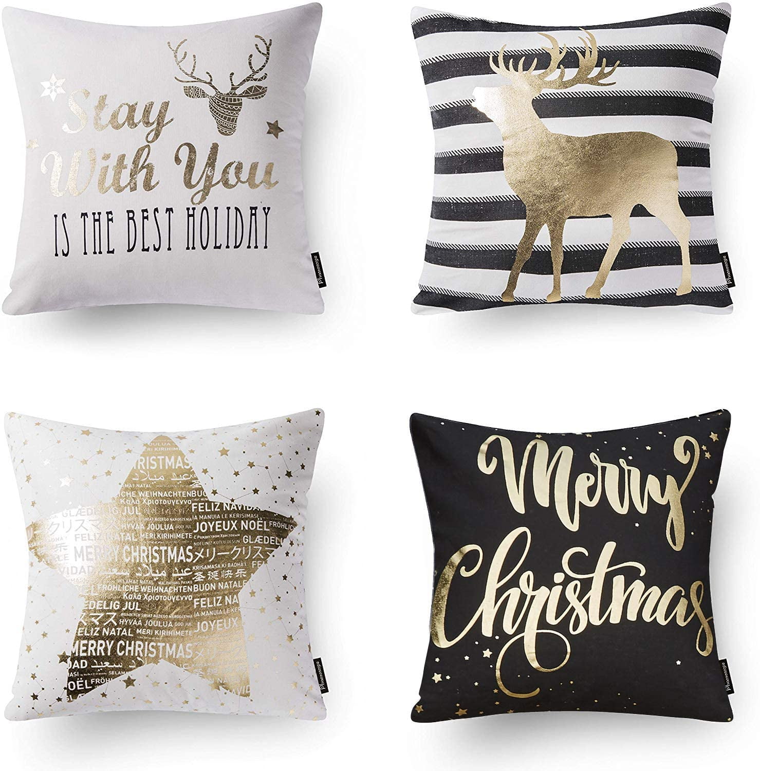 Phantoscope Christmas Holiday Series Golden Printed Letters Star and Elk Decorative Throw Pillow Cover,Black and White,18" x 18", Set of 4
