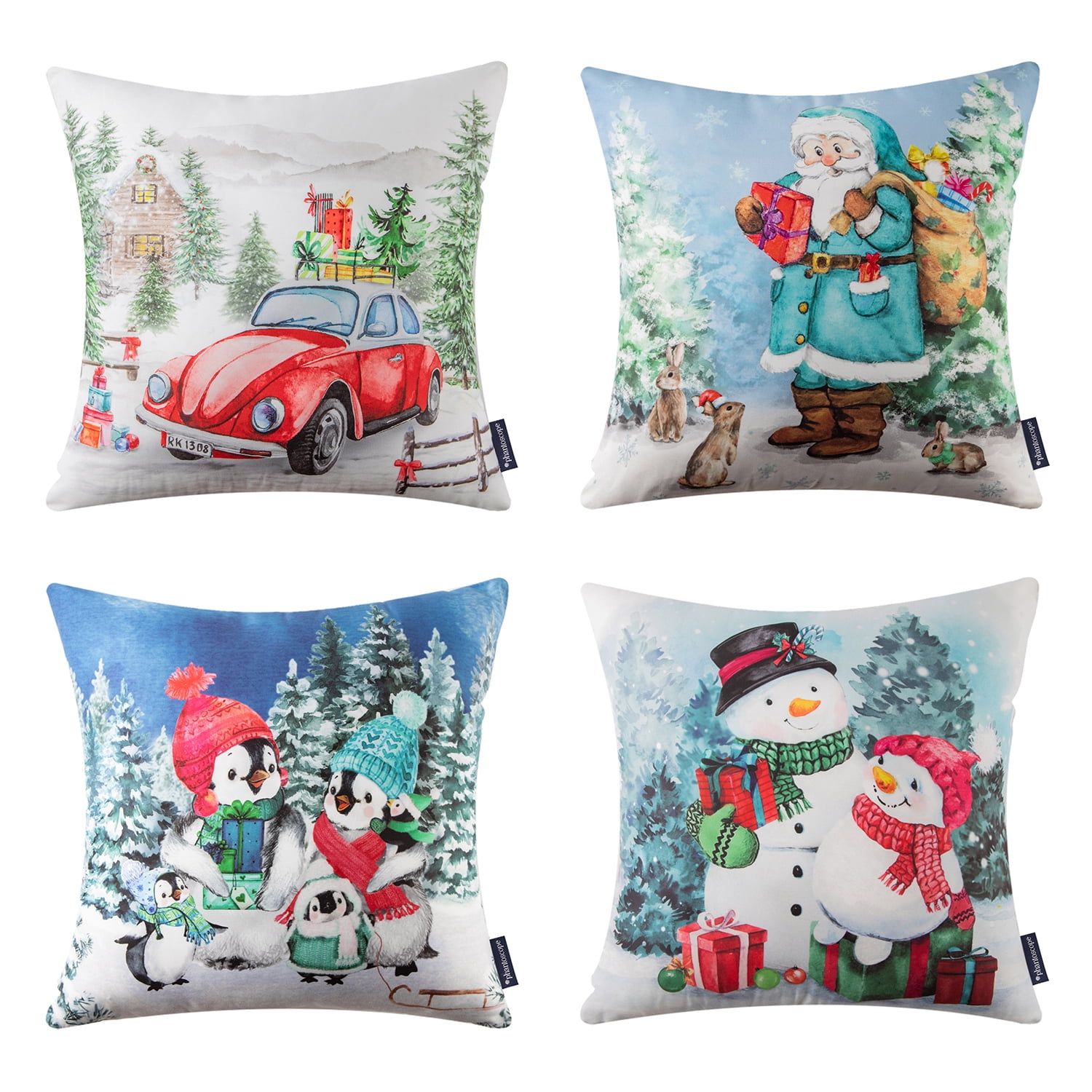 Christmas Penguin and Polar Bear Embroidered Decorative Holiday Series Throw Pillow with Inserts, Pink, 18 inch x 18 inch, Set of 4