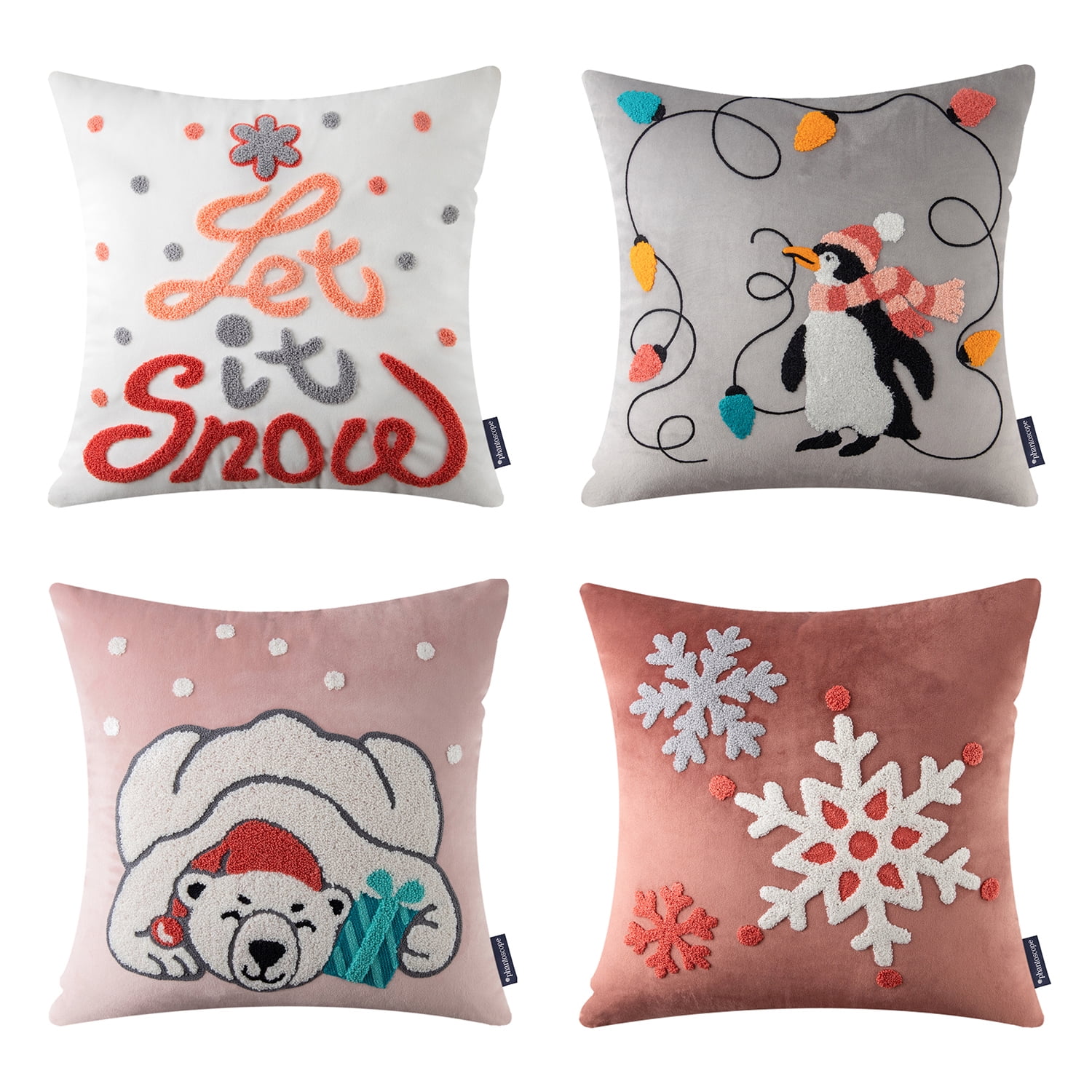 Phantoscope Merry Christmas Velvet Embroidered Penguin Bear Decorative Throw Pillow Cover, 18" x 18", Pink Snowflake, 4 Pack