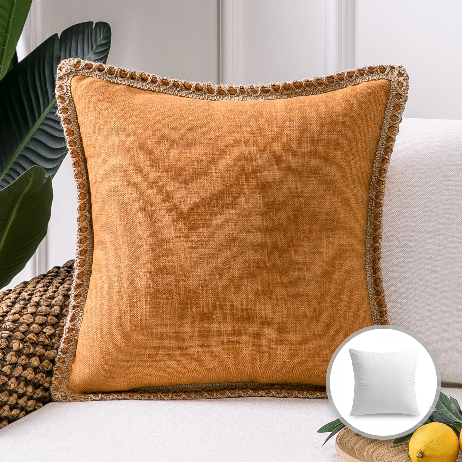 Phantoscope Pack of 2 Farmhouse Decorative Throw Pillow Covers For Home  solid Burlap Linen Trimmed Tailored Edges Off White 18 x 18 inches, 45 x 45  cm