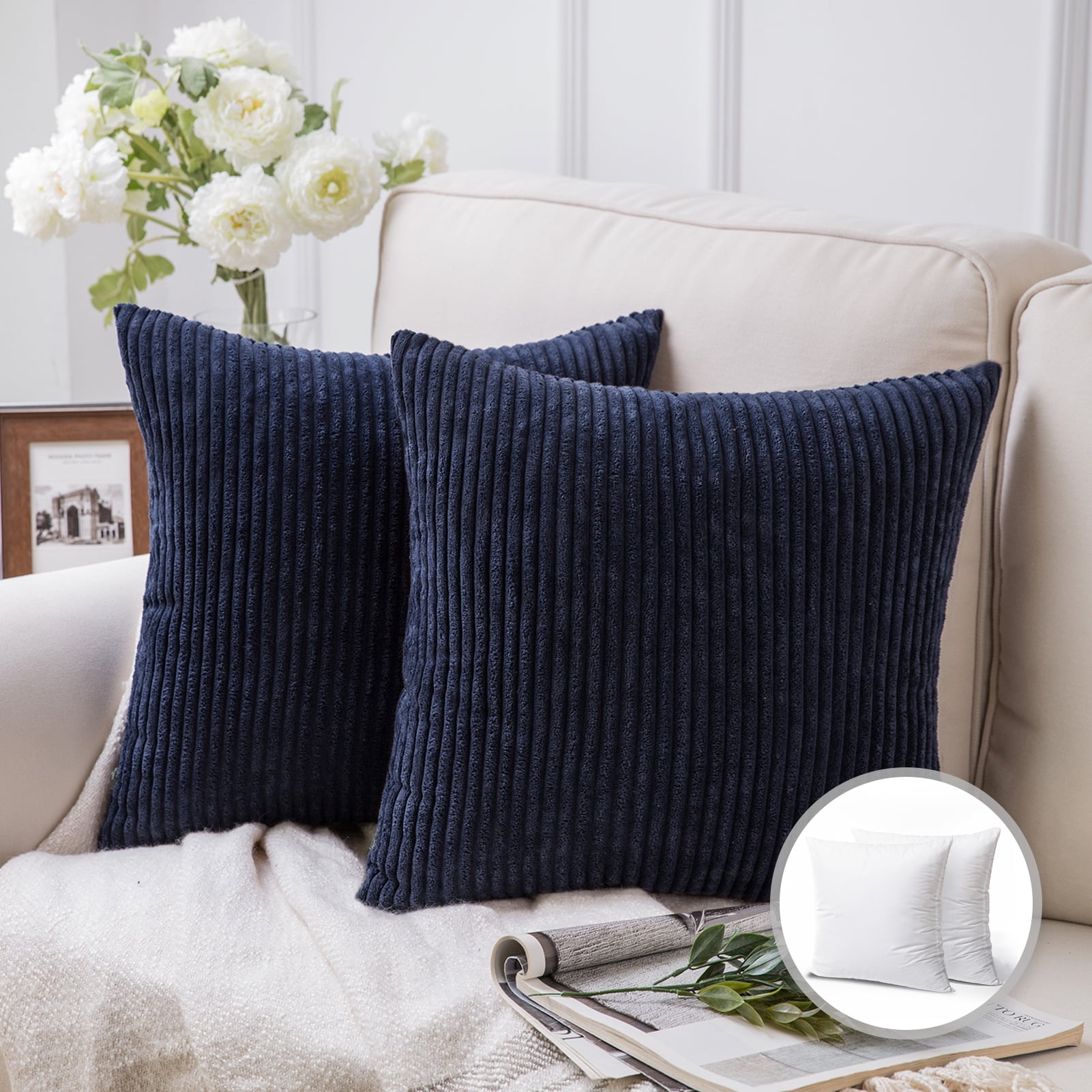 Navy Blue Corduroy Square Throw Pillow Set, 18" x 18"