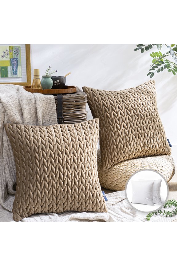 18" x 18" Modern, Fashion and Luxury Light Brown Chevron Velvet Throw Pillow, (2 Count)