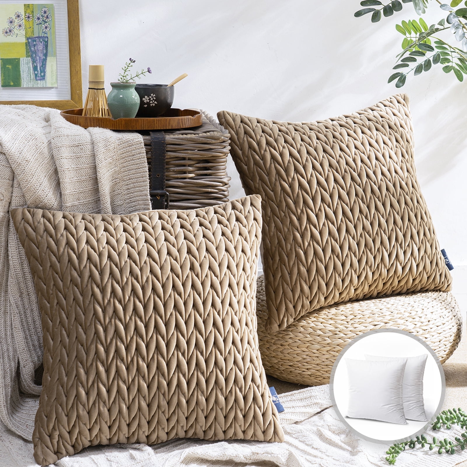 Phantoscope 18" x 18" Modern, Fashion and Luxury Light Brown Chevron Velvet Throw Pillow, (2 Count)
