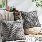 Phantoscope Quilted Velvet Braid Textured Pleated Decorative Throw Pillow Covers for Couch, 18" x 18", Dark Gray, 2 Pack