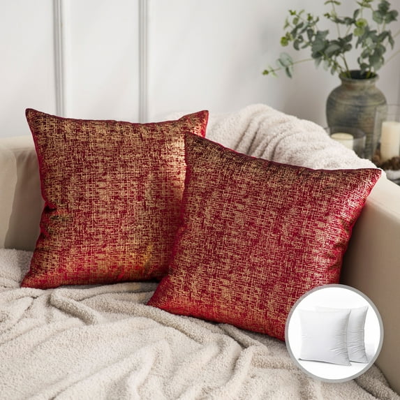 Phantoscope Bronzing Gold Foil Printed Cut Pile Velvet with Gilding Metallic Shiny Decorative Throw Pillow, 18" x 18", Red, 2 Pack