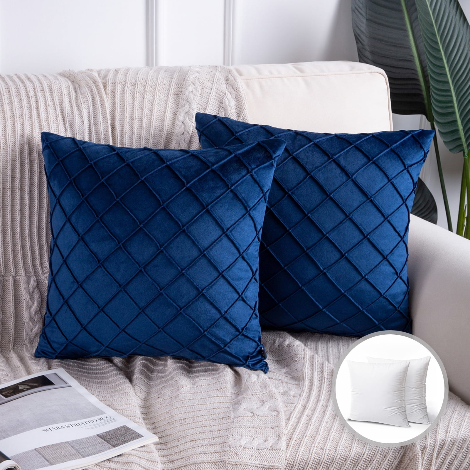 Phantoscope Soft Pleated Velvet Series Decorative Throw Pillow, 18 inch x 18 inch, Navy Blue, 2 Pack, Size: 18 x 18