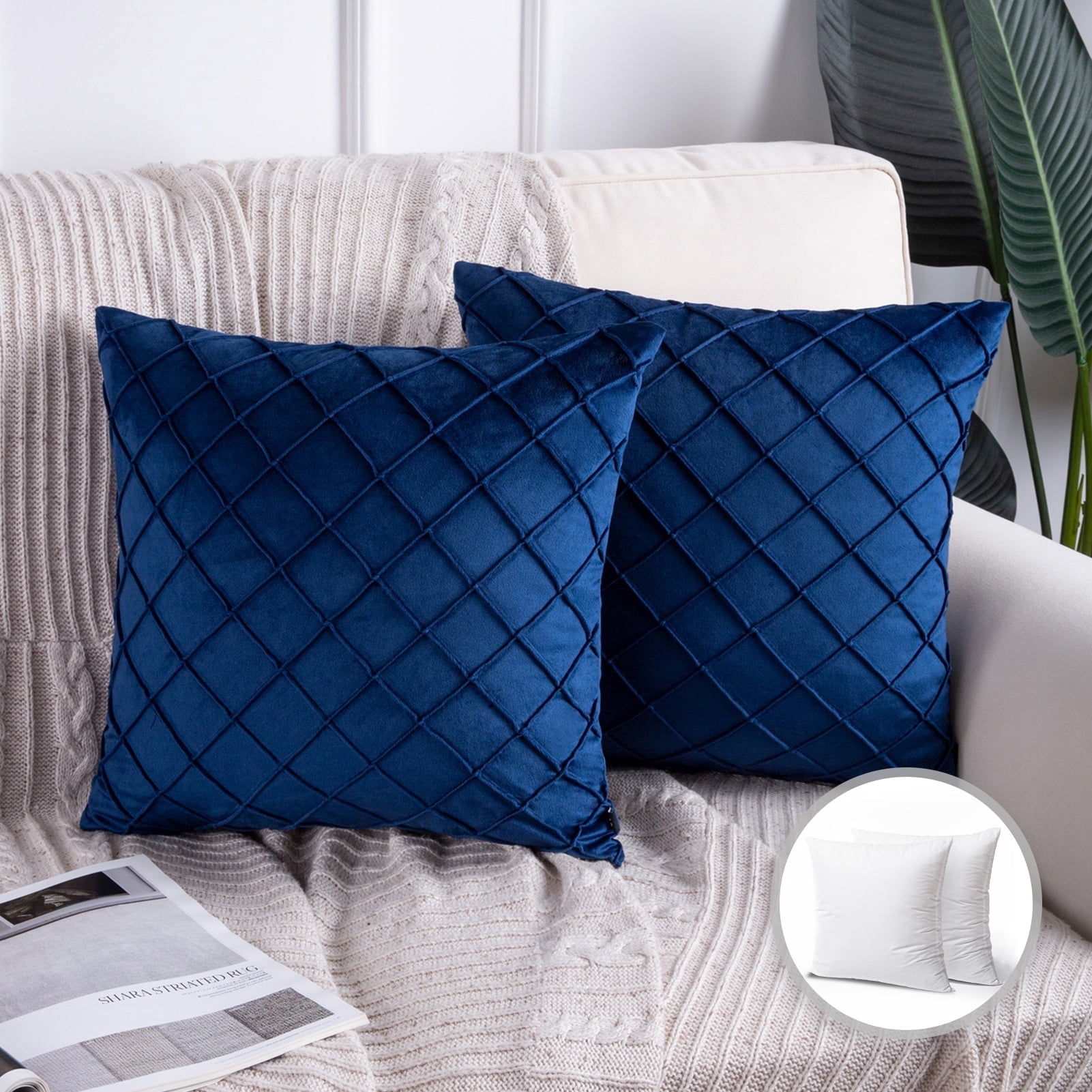 Phantoscope Pleated Velvet Pillow Covers, 18x18 Inch Set of 2, Square Decorative Throw Pillow Cases for Couch & Bed, Luxury Soft Cushion Covers, Navy Blue