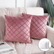 Phantoscope Pleated Velvet Pillow Covers, 18x18 Inch Set of 2, Square Decorative Throw Pillow Cases for Couch & Bed, Luxury Soft Cushion Covers, Pink