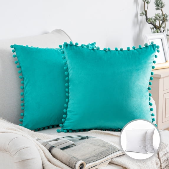 Phantoscope Pom Pom Velvet Series Decorative Throw Pillow, 18" x 18", Turquoise, 2 Pack