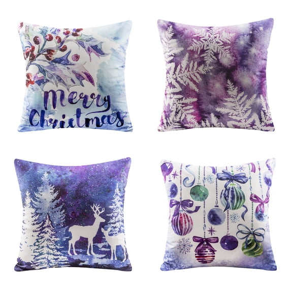 Phantoscope Merry Christmas Printing Reindeer Christmas Tree Snowflake Decorative Throw Pillow Covers,Purple,18" x 18", Set of 4