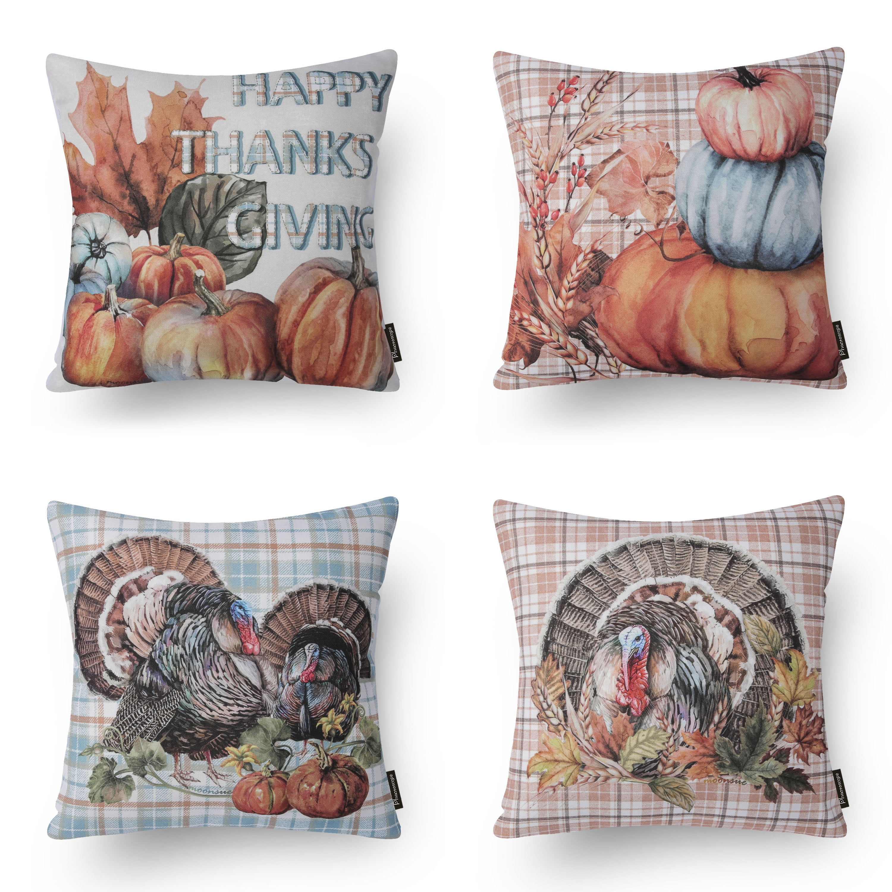 Autumn Series Printed Decorative Throw Pillow Covers for Thanksgiving, Pumpkin and Turkey, 18" x 18", Set of 4