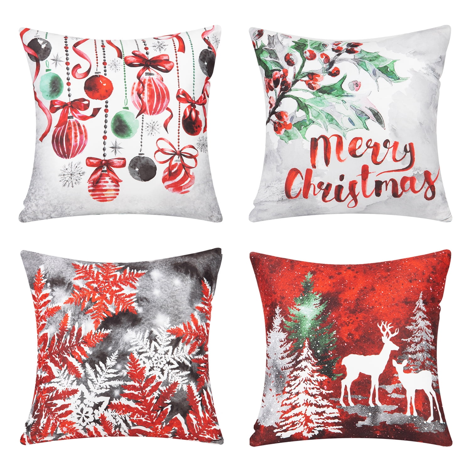 Phantoscope 18” x 18” Red & White Christmas Snowflake Polyester Decorative Pillow Covers (4 Count)