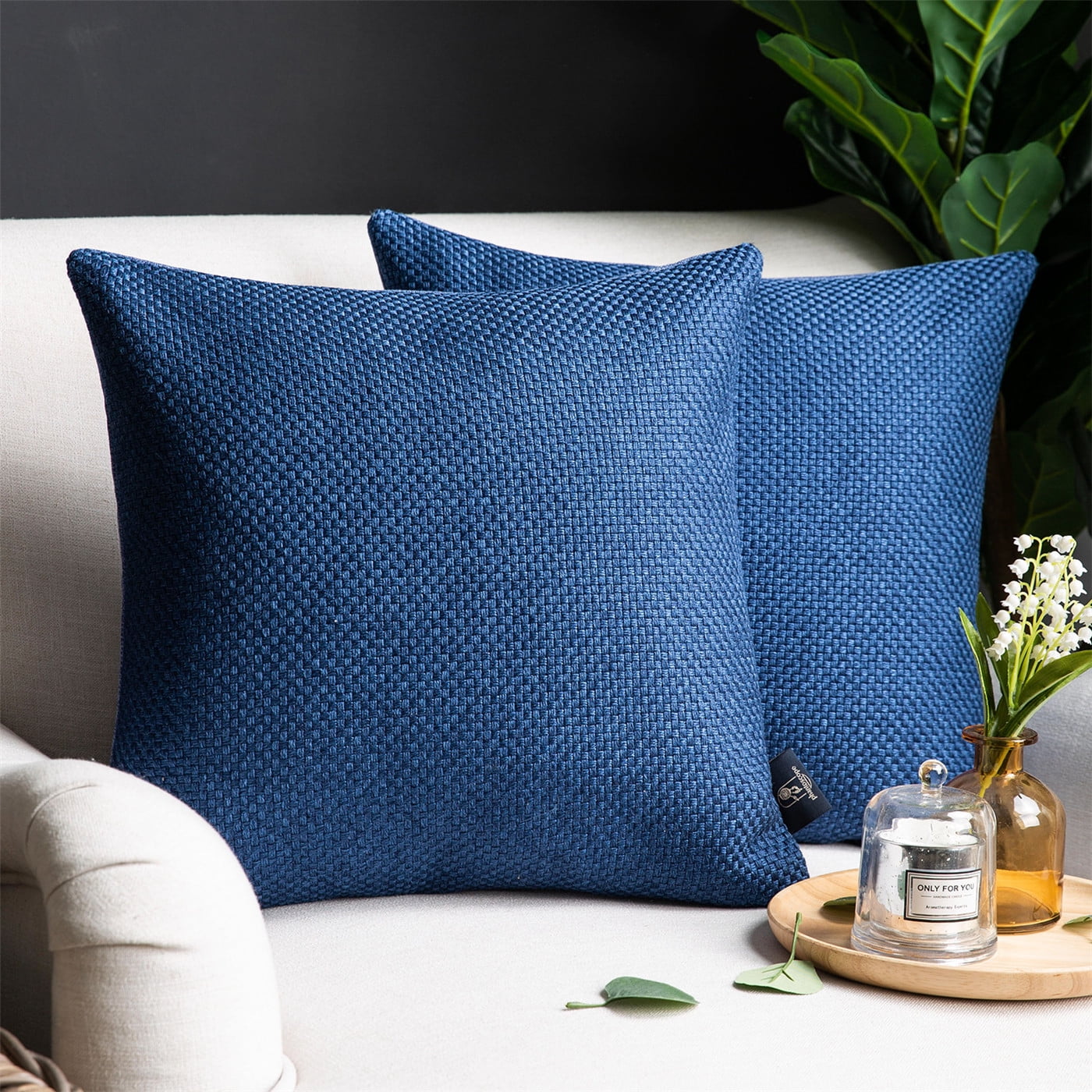 Blue Polyester Reversible Square Throw Pillow Set