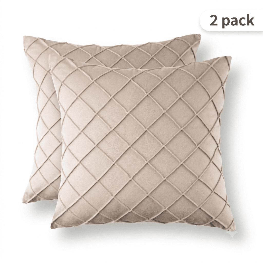 Phantoscope 18"x18" 2-Pack Velvet Pleated Checker Decorative Pillows, Beige