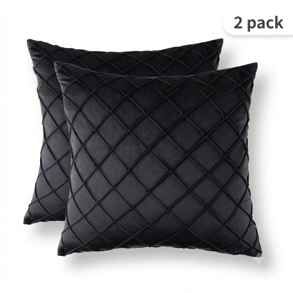 Phantoscope 18"x18" 2-Pack Velvet Pleated Checker Decorative Pillows, Black