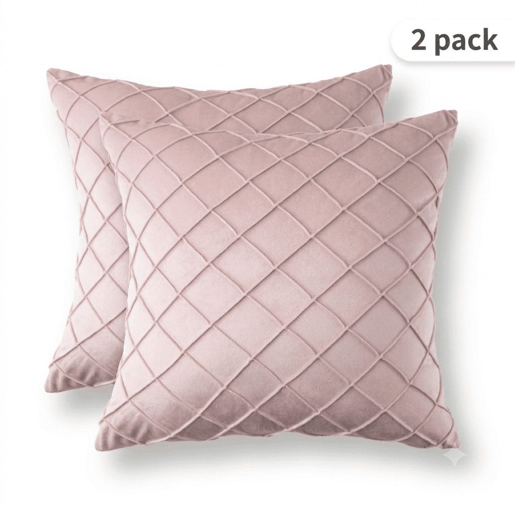 Phantoscope 18"x18" 2-Pack Velvet Pleated Checker Decorative Pillows, Blush Pink