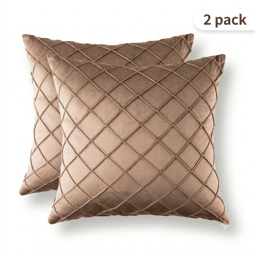Phantoscope 18"x18" 2-Pack Velvet Pleated Checker Decorative Pillows, Brown