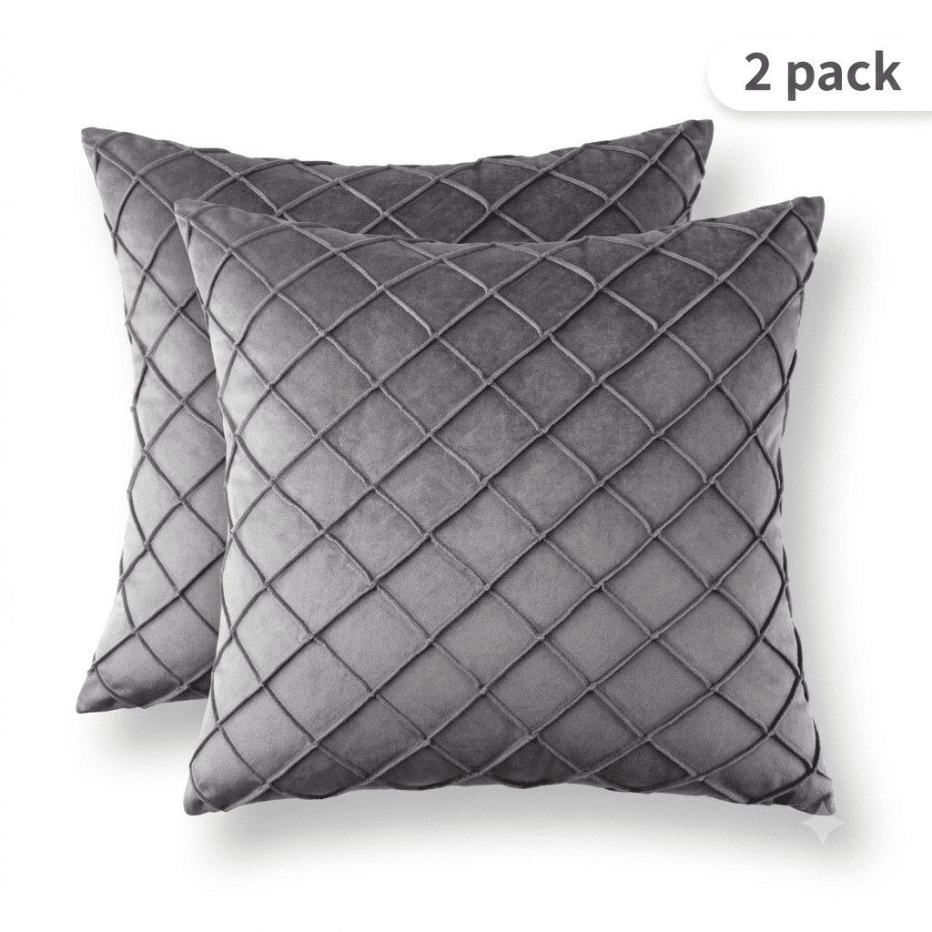 Phantoscope 18"x18" 2-Pack Velvet Pleated Checker Decorative Pillows, Gray