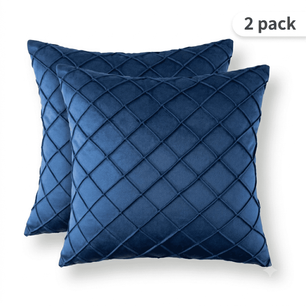 Phantoscope 18"x18" 2-Pack Velvet Pleated Checker Decorative Pillows, Navy Blue