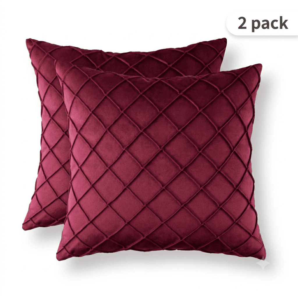 Phantoscope 18"x18" 2-Pack Velvet Pleated Checker Decorative Pillows, Red
