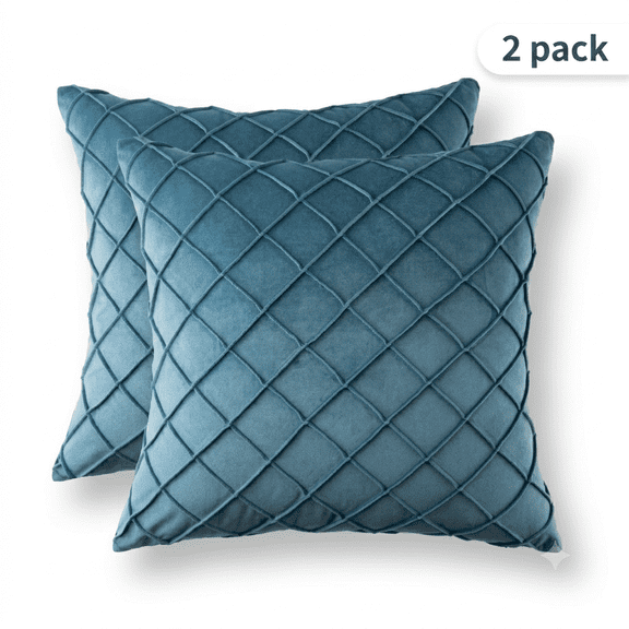 Phantoscope 18"x18" 2-Pack Velvet Pleated Checker Decorative Pillows, Teal Blue
