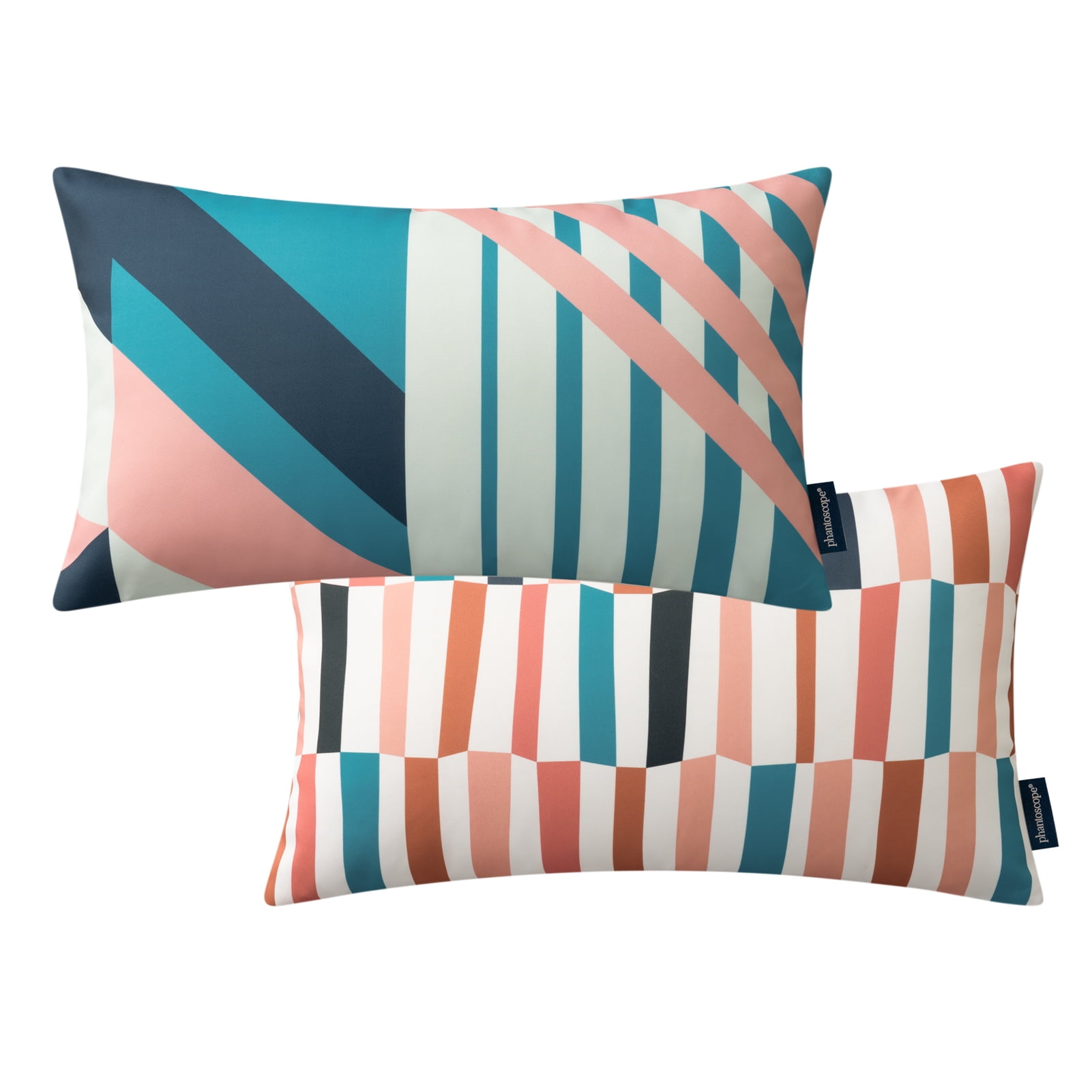 Phantoscope 2 Pack Waterproof Outdoor Decorative Throw Pillow 12x20, Geometric Color Block Patio Cushion Cases for Couch & Tent, Pink & Blue