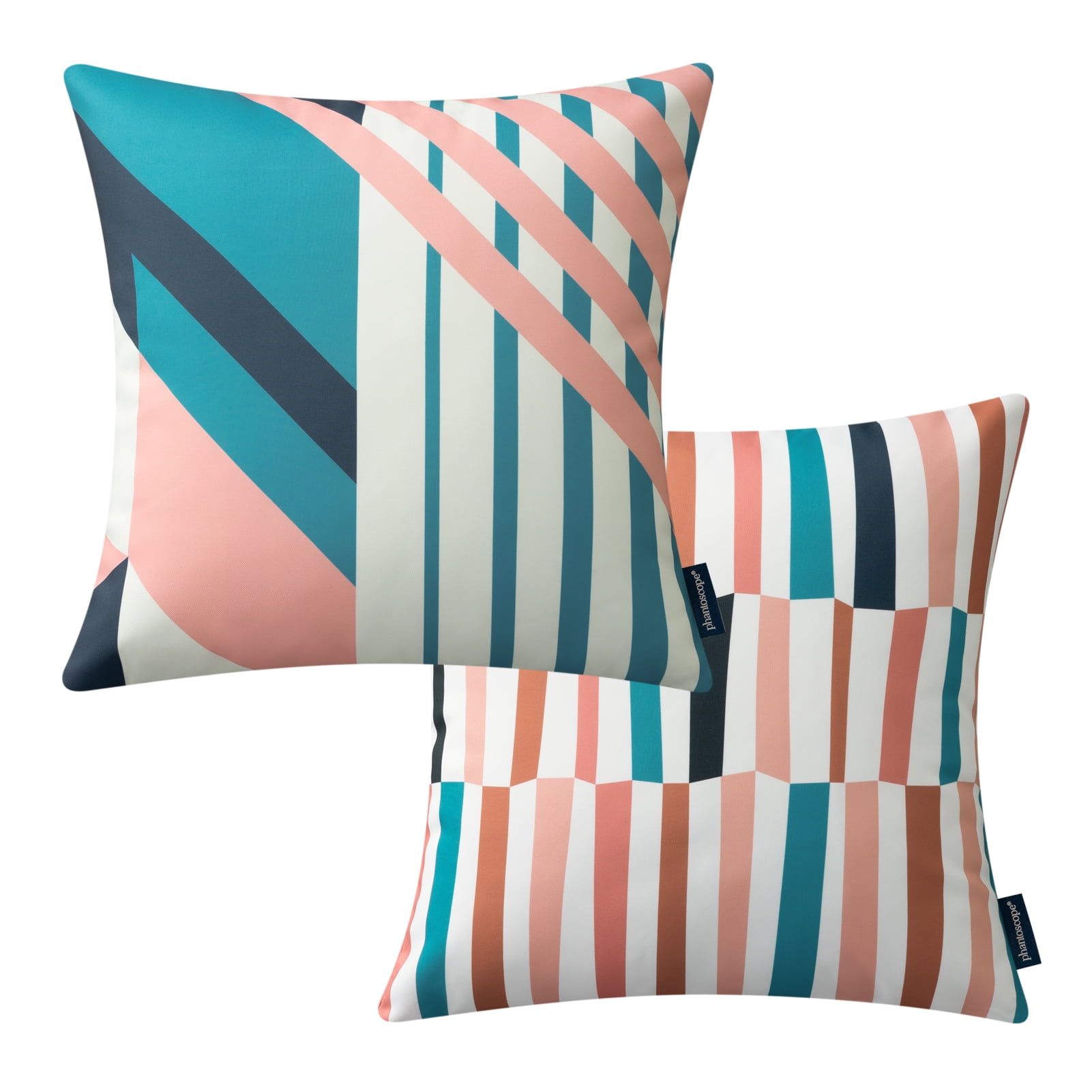 Phantoscope 2 Pack Waterproof Outdoor Decorative Throw Pillow 18x18, Geometric Color Block Patio Cushion Cases for Couch & Tent, Pink & Blue