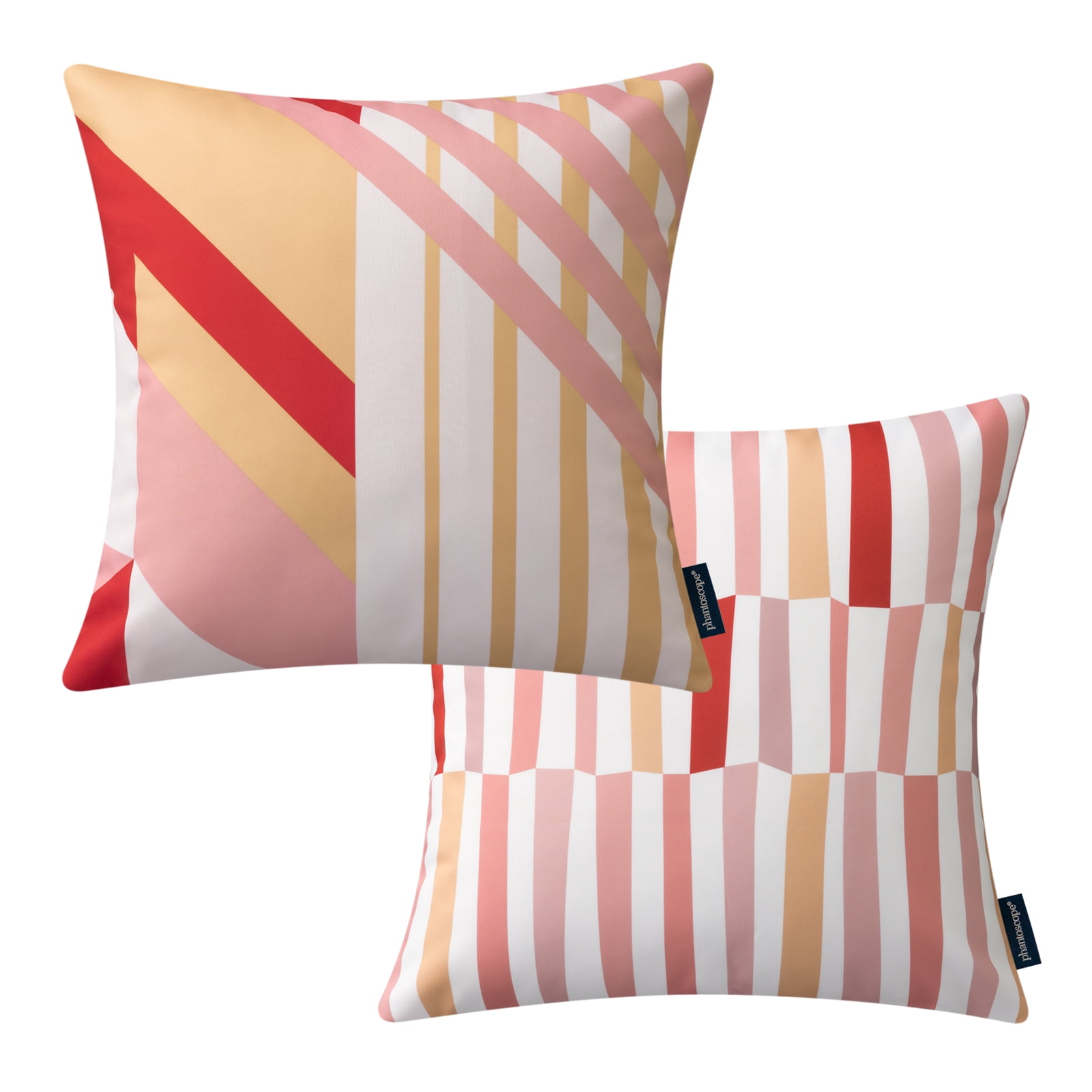 Phantoscope 2 Pack Waterproof Outdoor Decorative Throw Pillow 18x18, Geometric Color Block Patio Cushion Cases for Couch & Tent, Red & Pink