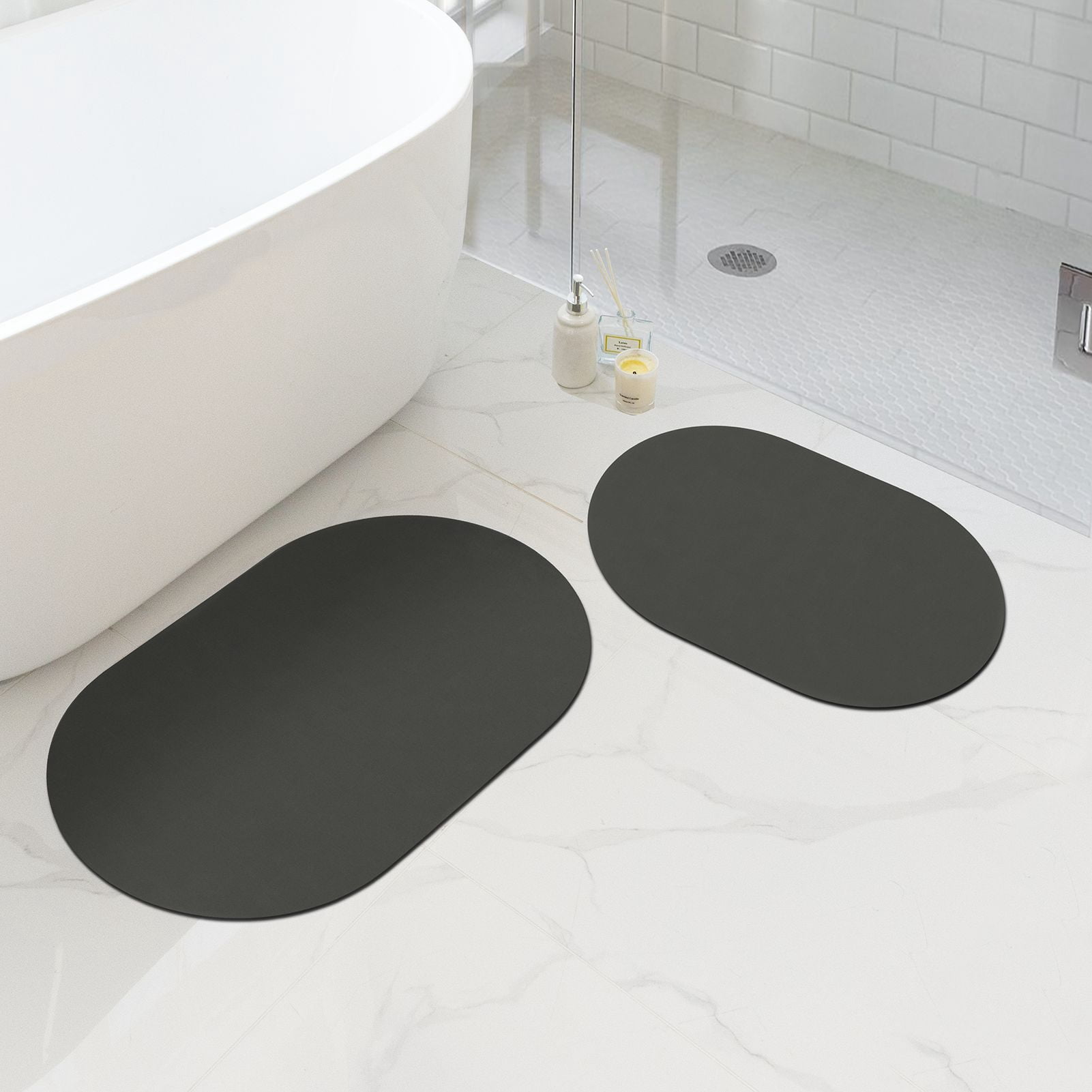 Phantoscope 2-Piece Diatomite Stone Bath Mat Set, Quick-Dry Non-Slip Bathroom Rugs, Black, 17 x 24 in and 20 x 32 in