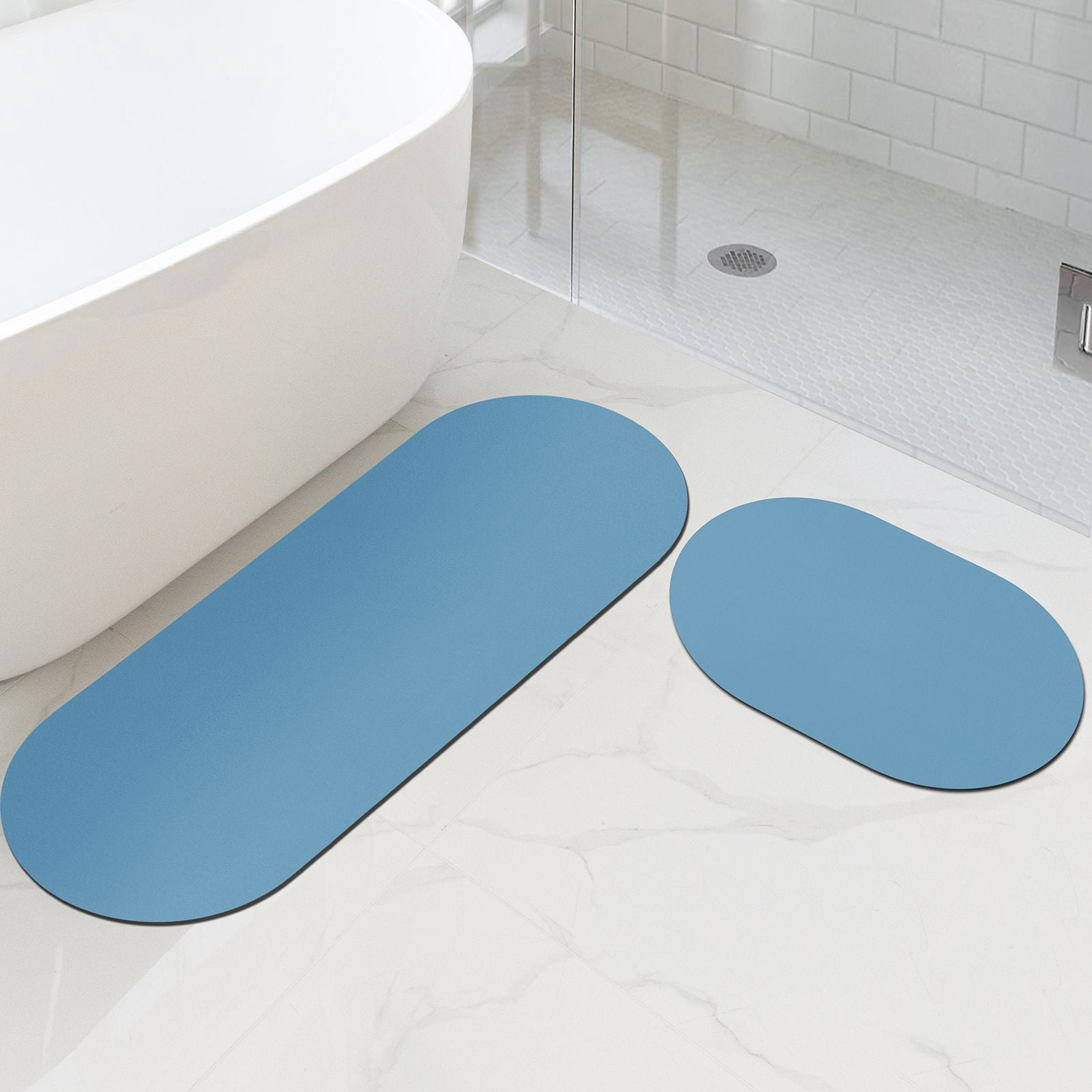 Phantoscope 2-Piece Diatomite Stone Bath Mat Set, Quick-Dry Non-Slip Bathroom Rugs, Blue, 17 x 24 in and 17 x 47 in