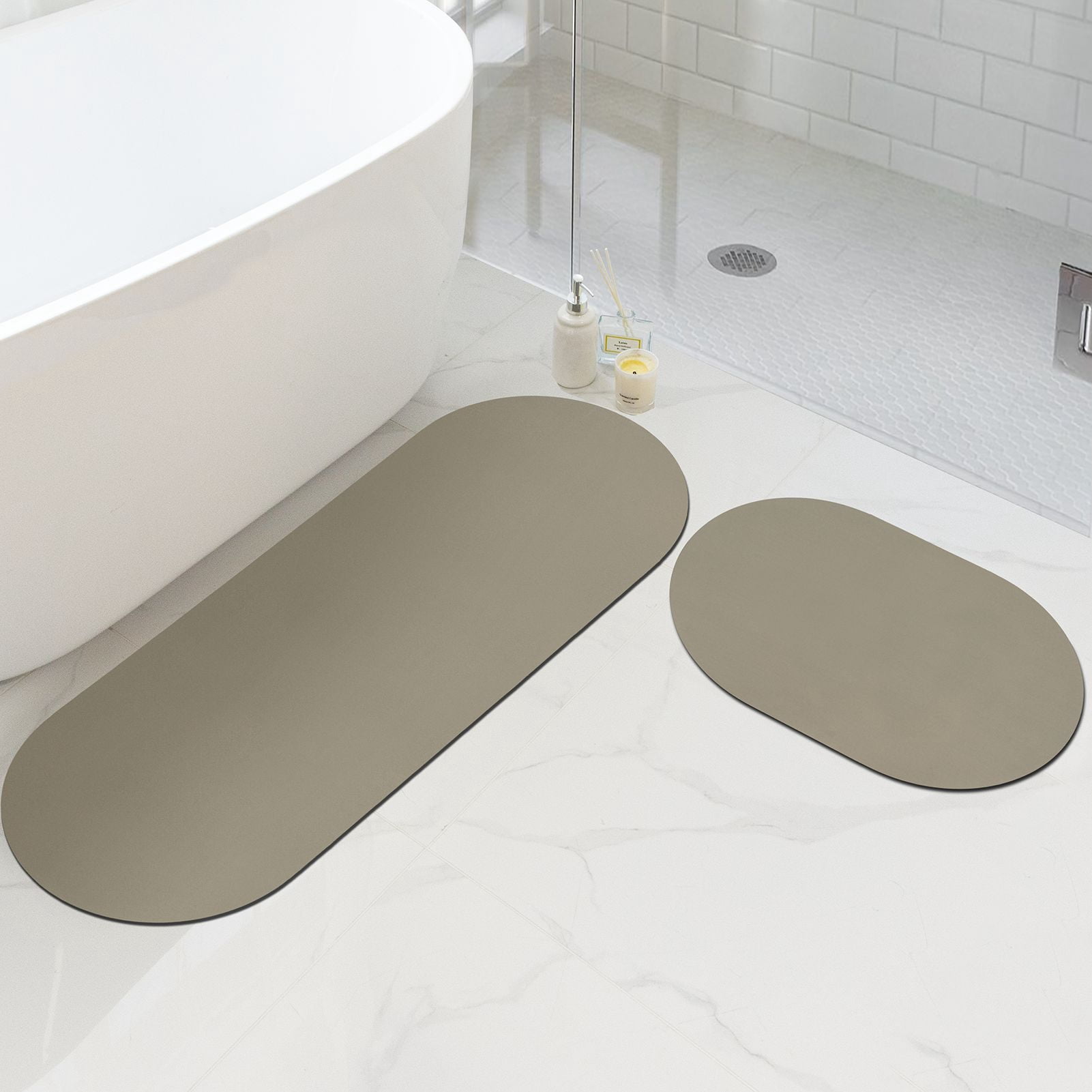 Phantoscope 2-Piece Diatomite Stone Bath Mat Set, Quick-Dry Non-Slip Bathroom Rugs, Light Brown, 17 x 24 in and 17 x 47 in